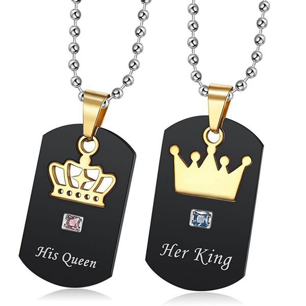 her king his queen couple necklaces with crystal black stainless steel tag pendant necklace for lover gift, Silver
her king his queen couple necklaces with crystal black stainless steel tag pendant necklace for lover gift, Silver