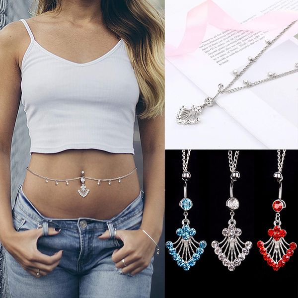 blue zircon dangle belly button ring with waist chain peacock-tail-shape steel drop pendant navel piercing body jewelry ombligo, Silver
blue zircon dangle belly button ring with waist chain peacock-tail-shape steel drop pendant navel piercing body jewelry ombligo, Silver