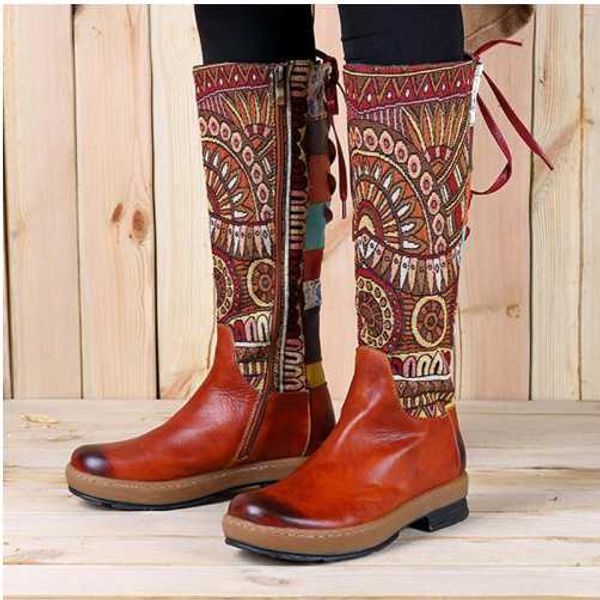 new manual genuine leather boots women bohemia keep warm long boots knee high zipper bootie flat heel folkways splicing, Black