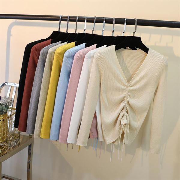 new women knitted v-neck full sleeve draw string sweaters pullovers female knitting soft sweater for female autumn winter, White;black 
new women knitted v-neck full sleeve draw string sweaters pullovers female knitting soft sweater for female autumn winter, White;black