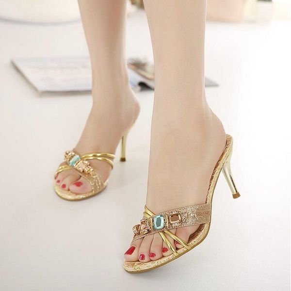 sandals elegant fashion heels women gold silver slippers summer shoes rhinestone slides for high heel, Black
sandals elegant fashion heels women gold silver slippers summer shoes rhinestone slides for high heel, Black