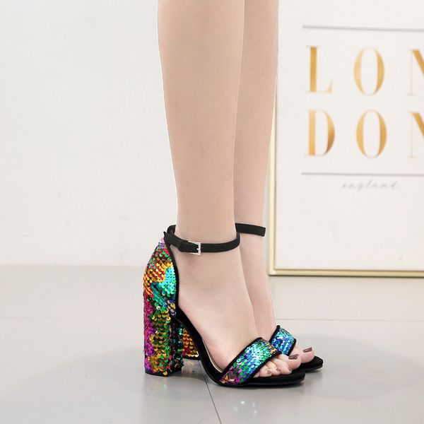 european and american explosion models catwalk 2020 summer new color sequins with high heel women sandals, Black
european and american explosion models catwalk 2020 summer new color sequins with high heel women sandals, Black