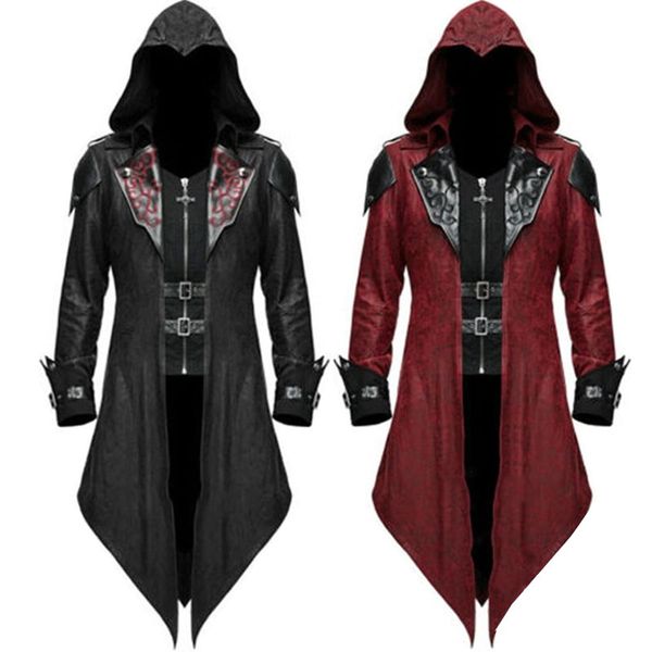 

men's trench coats gothic punk long swallowtail coat turn-down collar hooded leather jacket assassin costume halloween for men plus siz, Tan;black