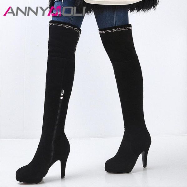 annymoli winter thigh high boots women cow suede zip thin heels over the knee boots crystal extreme high heel shoes ladies 34-39, Black