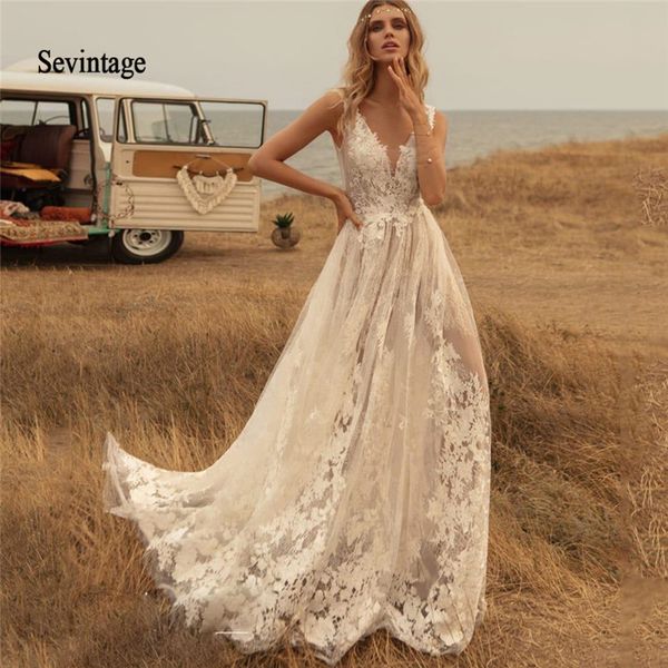 Sevintage Newest Deep V Neck Boho Wedding Dresses Country Lace Appliqued Backless Bridal Gown Sweep Train Robe, Custom made from color chart
Sevintage Newest Deep V Neck Boho Wedding Dresses Country Lace Appliqued Backless Bridal Gown Sweep Train Robe, Custom made from color chart