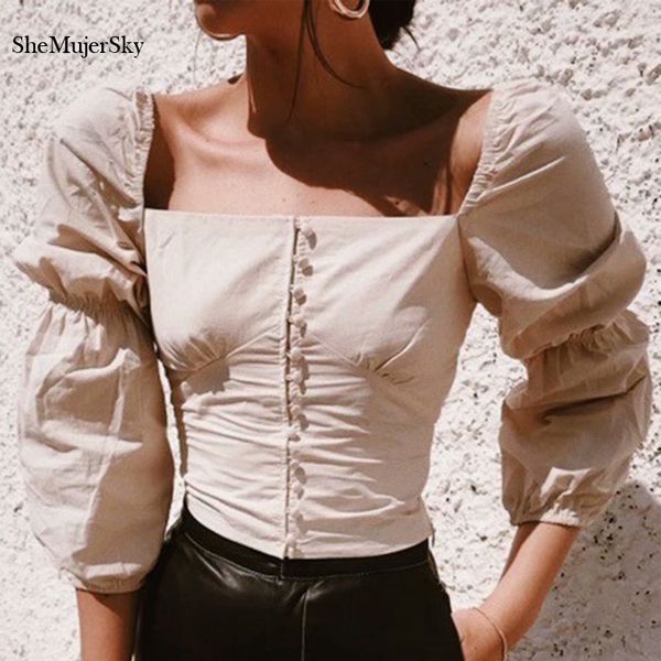 shemujersky autumn women beige blouse vintage square collar elastic 2020 long sleeve shirts blusas, White 
shemujersky autumn women beige blouse vintage square collar elastic 2020 long sleeve shirts blusas, White