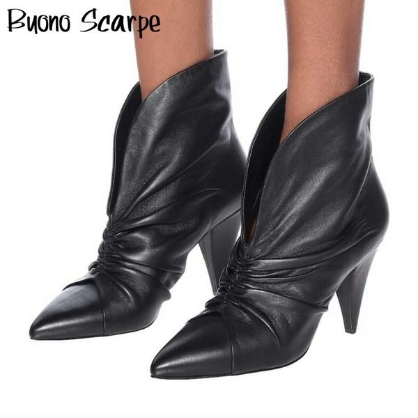 pleated women boots shallow leather designer ankle boots spike high heel botas mujer autumn winter short booties chaussure femme, Black
pleated women boots shallow leather designer ankle boots spike high heel botas mujer autumn winter short booties chaussure femme, Black