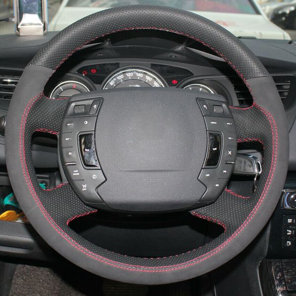 black leather black suede red thread car steering wheel cover for citroen c5 
black leather black suede red thread car steering wheel cover for citroen c5