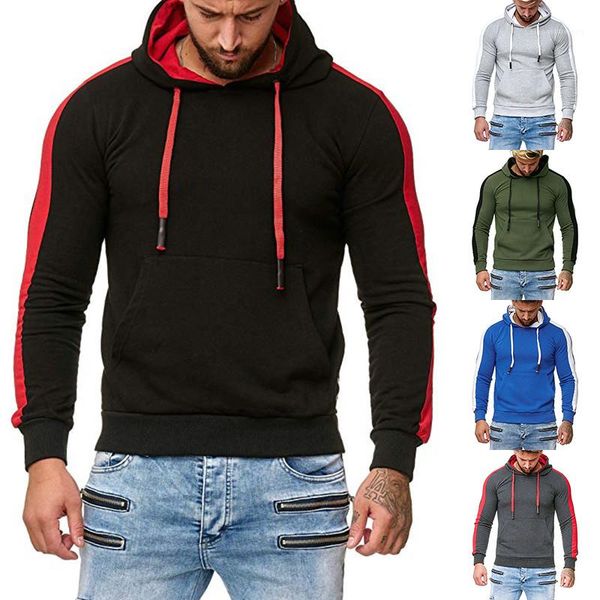 long sleeve slim fit hooded sweatshirt with pocket contrast color drawstring pullover 20fw casual men hoodies, Black 
long sleeve slim fit hooded sweatshirt with pocket contrast color drawstring pullover 20fw casual men hoodies, Black