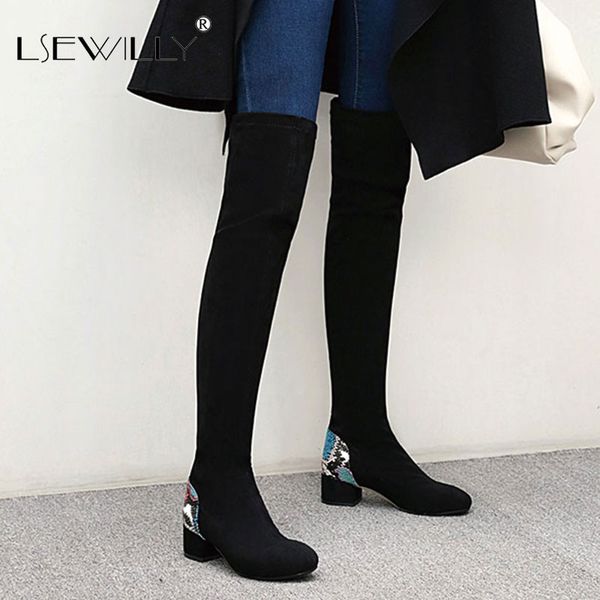 lsewilly women stretch flock over the knee boots autumn winter round toe women shoes square heel long boots size 34-48, Black
lsewilly women stretch flock over the knee boots autumn winter round toe women shoes square heel long boots size 34-48, Black