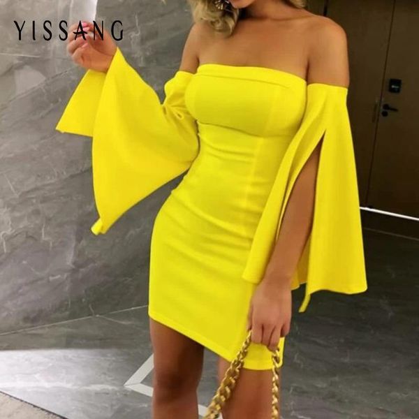 

Yissang Off Shoulder Sexy Bodycon Dress Women Split Slash Neck Long Flare Sleeve Summer Dresses Female Backless Elegant Dress