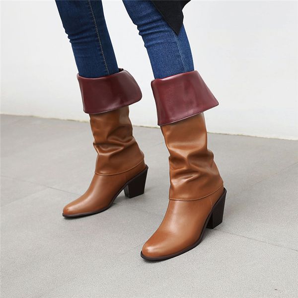 ymechic 2020 autumn new turndown mid calf office lady red brown black boots female botas plus size block high heel boot shoes 42 
ymechic 2020 autumn new turndown mid calf office lady red brown black boots female botas plus size block high heel boot shoes 42