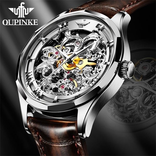 men mechanical wristwatch luxury automatic watch men skeleton genuine leather brand oupinke tungsten steel sapphire glass 0924, Slivery;brown
men mechanical wristwatch luxury automatic watch men skeleton genuine leather brand oupinke tungsten steel sapphire glass 0924, Slivery;brown