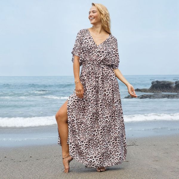 women beach maxi dress v neck short sleeve leopard long robe drawstring wrap tunics summer, Black;gray
women beach maxi dress v neck short sleeve leopard long robe drawstring wrap tunics summer, Black;gray