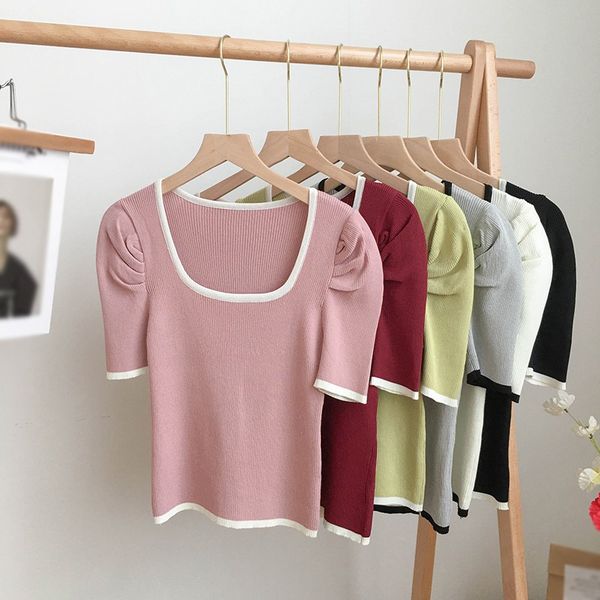 1 women t-shirt fashion square collar bubble sleeve simple basic slim knitted short-sleeved tees summer, White
1 women t-shirt fashion square collar bubble sleeve simple basic slim knitted short-sleeved tees summer, White