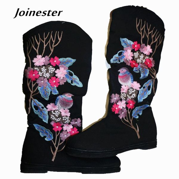 women fashion floral embroidered mid-calf cotton fabric spring boots ethnic round toe vintage height increase boots, Black
women fashion floral embroidered mid-calf cotton fabric spring boots ethnic round toe vintage height increase boots, Black