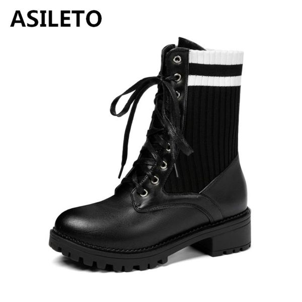 asileto spring autumn motorcycle mid-calf boots round toe square heel pu cross-tied striped big size 34-43 black party s1943