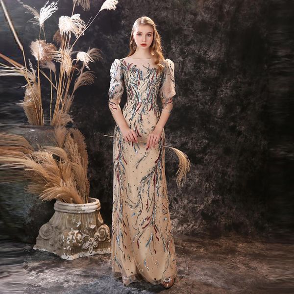 major beading mermaid prom dresses with sheer neck three quarter sleeves african vestidos sequined evening dress real images, Black
major beading mermaid prom dresses with sheer neck three quarter sleeves african vestidos sequined evening dress real images, Black