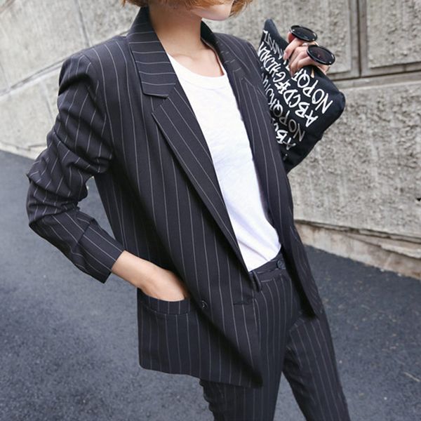 formal black striped office suit for women notched korean casual balzer feminino+button pencil trousers autumn 2 piece set, White
formal black striped office suit for women notched korean casual balzer feminino+button pencil trousers autumn 2 piece set, White