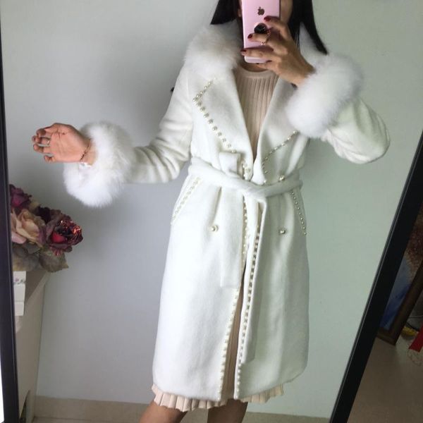 women's wool & blends large fur collar pearl cashmere coat women fashion white mid-length thick warm belted long overcoat, Black
women's wool & blends large fur collar pearl cashmere coat women fashion white mid-length thick warm belted long overcoat, Black