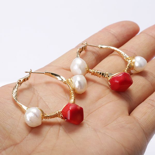 real white freshwater pearl raw red coral bead charm copper wire wrapped gold big hoop earring for woman elegant daily jewelry, Golden;silver
real white freshwater pearl raw red coral bead charm copper wire wrapped gold big hoop earring for woman elegant daily jewelry, Golden;silver