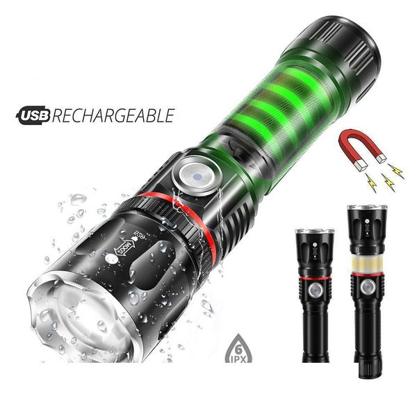 Usb Charging High-end Led Flashlight Surrounding Cob Lamp + Tail Magnet Design Support Zoom 4 Lighting Modes Waterproof Torch
