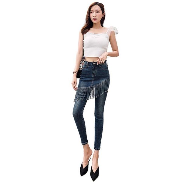 2020 women's new fashion fake two high waist jeans tassel feet thin high elastic pencil nine pants, Blue
2020 women's new fashion fake two high waist jeans tassel feet thin high elastic pencil nine pants, Blue