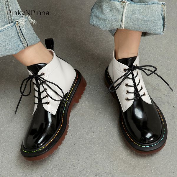 winter cute young women cowhide leather ankle boots thick bottom black white laced up street preppy style short plush booties
winter cute young women cowhide leather ankle boots thick bottom black white laced up street preppy style short plush booties