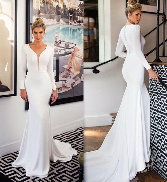 elegant 2020 spring satin mermaid wedding dresses long sleeve sheer v neck boho bridal gowns covered button custom made wedding dress, White
elegant 2020 spring satin mermaid wedding dresses long sleeve sheer v neck boho bridal gowns covered button custom made wedding dress, White