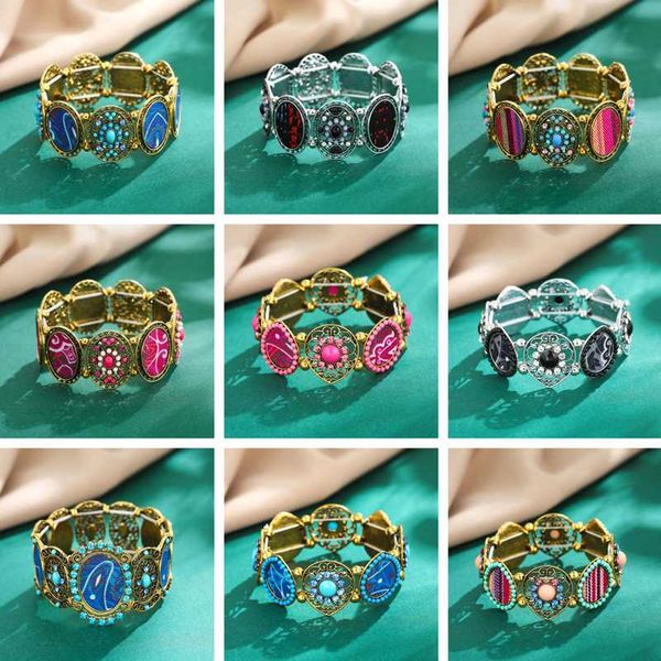 women bracelet natural rhinestone bead vintage colorful printed elastic band bracelet women jewelry gifts, Golden;silver 
women bracelet natural rhinestone bead vintage colorful printed elastic band bracelet women jewelry gifts, Golden;silver