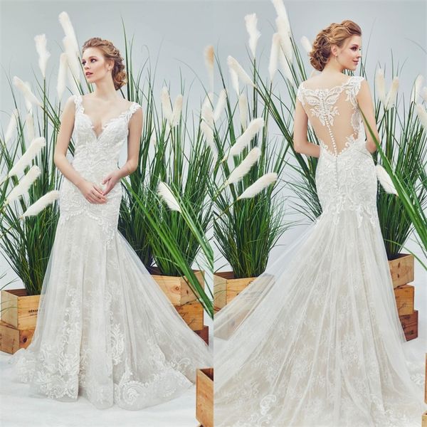 chic mermaid wedding dresses full lace appliqued v-neck sleeveless vestido de noiva sheath formal sweep train bridal gowns plus size, White
chic mermaid wedding dresses full lace appliqued v-neck sleeveless vestido de noiva sheath formal sweep train bridal gowns plus size, White