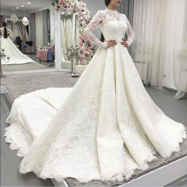 high neck long sleeves full lace wedding dresses 2021 with appliques court train plus size a line bridal gowns, White
high neck long sleeves full lace wedding dresses 2021 with appliques court train plus size a line bridal gowns, White