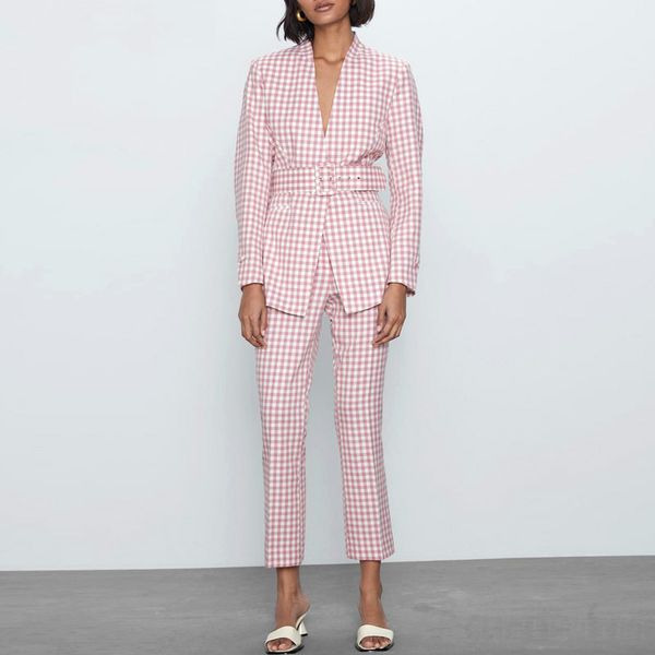 sondr women's vintage pink suit with plaid pants, v neck belt jacket, flared coat and pants, two-piece casual office set 2020, White
sondr women's vintage pink suit with plaid pants, v neck belt jacket, flared coat and pants, two-piece casual office set 2020, White