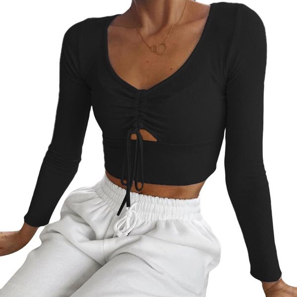 women casual knitted shirt v neck fashion t-shirts tees ruched long sleeve cut out drawstring front female shirts, White
women casual knitted shirt v neck fashion t-shirts tees ruched long sleeve cut out drawstring front female shirts, White