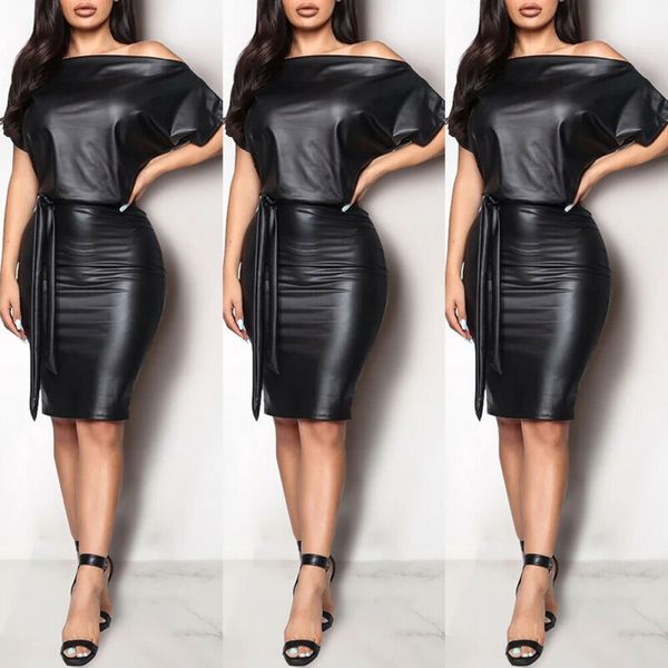 

Casual Dresses Black Asymmetrical Sexy Faux Leather Bodycon Dress Women Summer Long Sleeve Knee Length Pencil