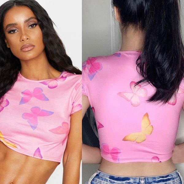 women's t-shirt fashion butterfly graphic pink cropped sweet o-neck short sleeve t-shirts for women summer, White
women's t-shirt fashion butterfly graphic pink cropped sweet o-neck short sleeve t-shirts for women summer, White