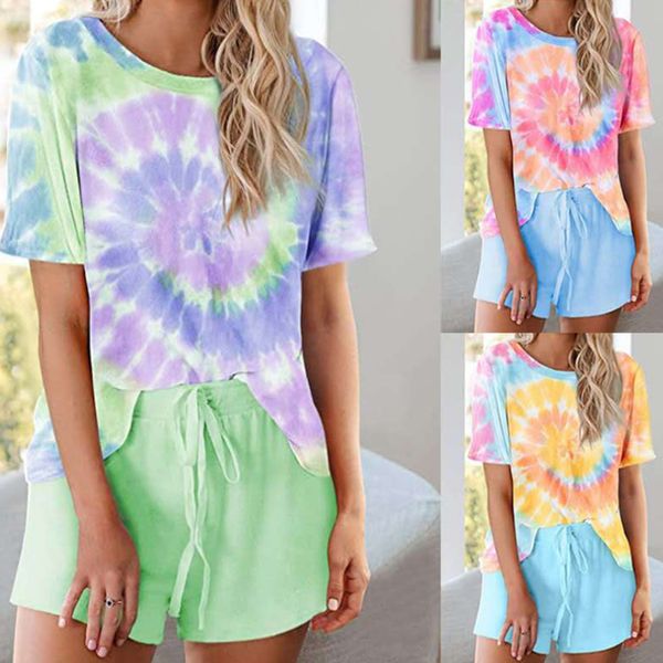 women's tracksuits women tie-dye suit short sleeves + shorts elastic waist bandage casual loose pajamas, Gray
women's tracksuits women tie-dye suit short sleeves + shorts elastic waist bandage casual loose pajamas, Gray