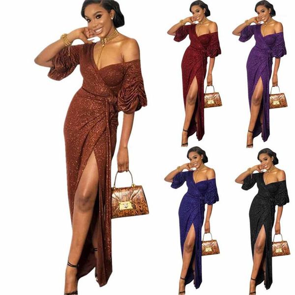 puff sleeve assymmetrical dresses sequins split bandage womens clothing womens designer vneck maxi party dresses, White;black
puff sleeve assymmetrical dresses sequins split bandage womens clothing womens designer vneck maxi party dresses, White;black