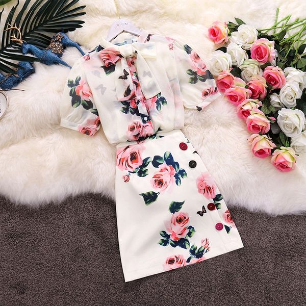 women summer gorgeous pink rose printed two piece set sweet bow collar see through chiffon shirt + colorful button skirt set, White
women summer gorgeous pink rose printed two piece set sweet bow collar see through chiffon shirt + colorful button skirt set, White