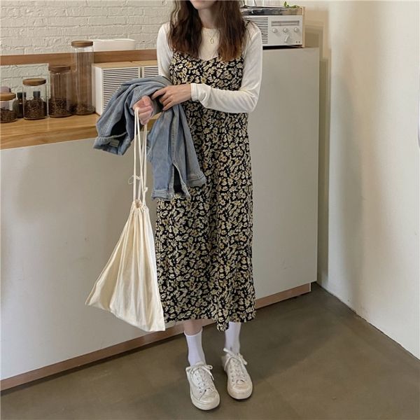 2020 autumn new small floral mid-length suspender + inner white t-shirt white t-shirt dress dress two-piece set jvhp3, Gray
2020 autumn new small floral mid-length suspender + inner white t-shirt white t-shirt dress dress two-piece set jvhp3, Gray