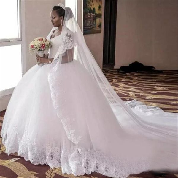 long v neck applique beaded chapel train bridal gowns modest new arrivals tulle and lace ball gown wedding dresses plus size, White
long v neck applique beaded chapel train bridal gowns modest new arrivals tulle and lace ball gown wedding dresses plus size, White