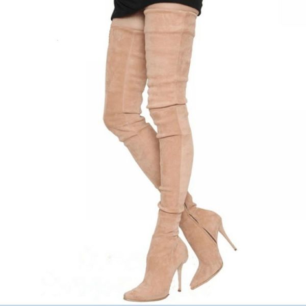 

brand stretch suede leather thigh high heels boots women winter boots stiletto heels over the knee female shoes drop ship, Black