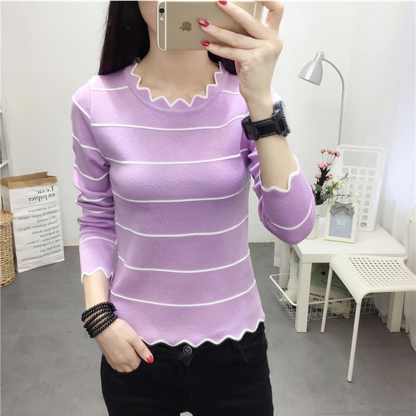 2020 spring female slim purple stripes pullovers women short style wavy round neck sweater lady knit full sleeve stretch jumpers, White;black
2020 spring female slim purple stripes pullovers women short style wavy round neck sweater lady knit full sleeve stretch jumpers, White;black
