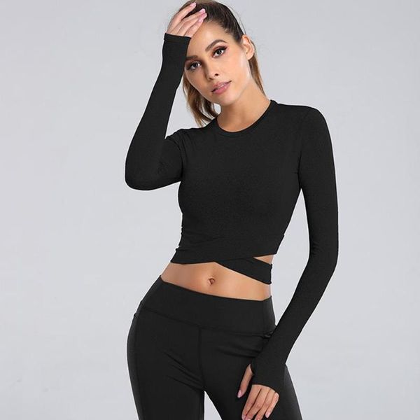 women gym yoga crop shirts long sleeve female o neck cross bandage fitness running t shirts training sportswear, White;red 
women gym yoga crop shirts long sleeve female o neck cross bandage fitness running t shirts training sportswear, White;red
