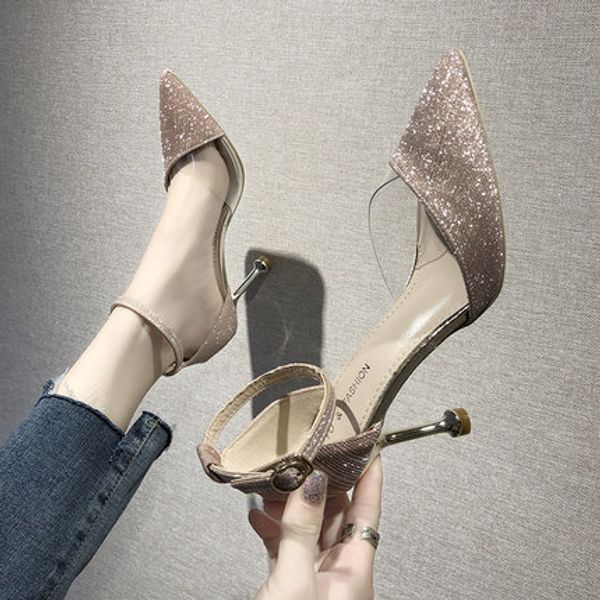 net red high heels female 2020 new fashion wild word buckle with sandals female fairy wind hollow sequin single shoes, Black
net red high heels female 2020 new fashion wild word buckle with sandals female fairy wind hollow sequin single shoes, Black