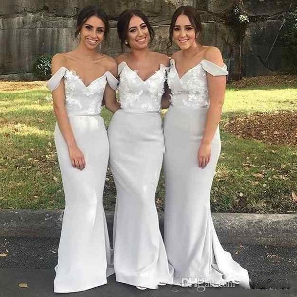 2020 generous off shoulder country bridesmaids dresses appliques mermaid sweep train formal maid of honor dress wedding guest party gowns, White;pink 
2020 generous off shoulder country bridesmaids dresses appliques mermaid sweep train formal maid of honor dress wedding guest party gowns, White;pink