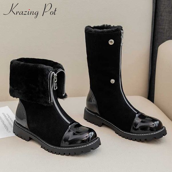 krazing pot new lambswool genuine leather snow boots round toe med heels winter keep warm women rock zipper mid-calf boots l26, Black
krazing pot new lambswool genuine leather snow boots round toe med heels winter keep warm women rock zipper mid-calf boots l26, Black
