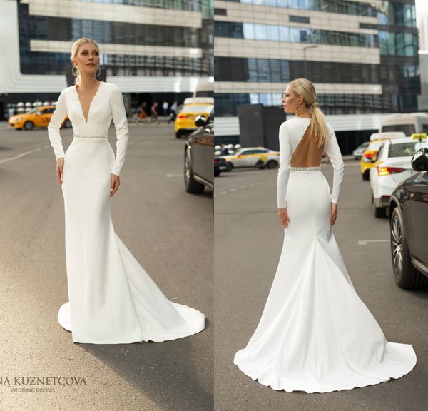 2021 modern wedding dresses v neck long sleeves lace satin mermaid bridal gowns custom made hollow back sweep train wedding dress, White
2021 modern wedding dresses v neck long sleeves lace satin mermaid bridal gowns custom made hollow back sweep train wedding dress, White