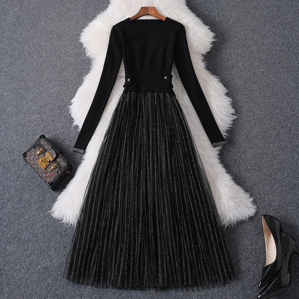 casual dresses runway designers woman clothes long sleeve knit sweater patchwork tulle mid calf party dress 2021 fashion fall winter, Black;gray
casual dresses runway designers woman clothes long sleeve knit sweater patchwork tulle mid calf party dress 2021 fashion fall winter, Black;gray
