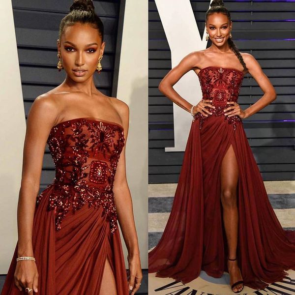 burgundy beaded prom dresses sequined strapless neck side split evening gowns chiffon a line sweep train formal dress, Black
burgundy beaded prom dresses sequined strapless neck side split evening gowns chiffon a line sweep train formal dress, Black